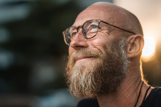 A thoughtful mature man with a beard looking upwards, wearing glasses and a black shirt, contemplating the future with sun rays near his face and eye.