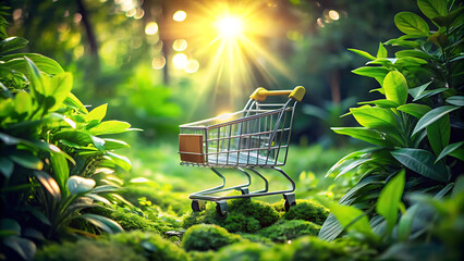 Eco Conscious Online Shopping Scene With Glowing Cart In Green Style