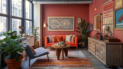 Creative Bohemian office with eclectic furniture, natural wood elements