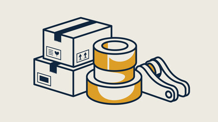 Illustration of stacked boxes, cylindrical objects and a metal part on a neutral background