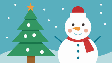 Illustration of a snowman with a christmas tree and falling snow on a light blue winter background