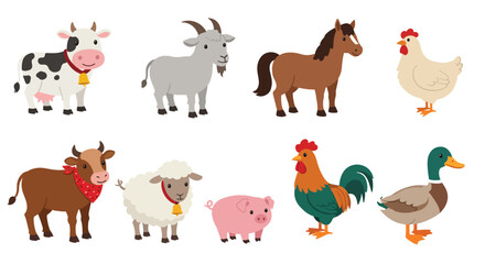 Collection of Diverse Farm Animals in a Stylized Cartoon Illustration.