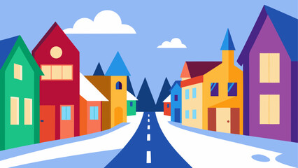 Illustration of a colorful town street with snow and buildings in a flat design style art 100 © Rana Islam