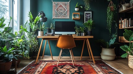 Modern Bohemian workspace with colorful rugs, eclectic decor, and earthy tones