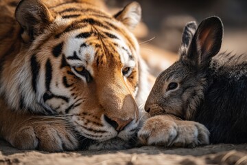 Adorable interspecies friendship between diverse animals playing and resting together