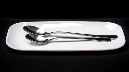 Two shiny silver spoons rest on a white rectangular plate against a black background.