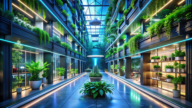 Eco Futuristic Shopping Interface With Greenery And Glowing Digital Icons  