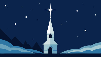 Illustration of a church steeple with a star on top against a dark blue starry night background