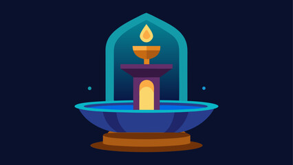 Illustration of an ornate fountain with a water droplet under an archway in a dark setting
