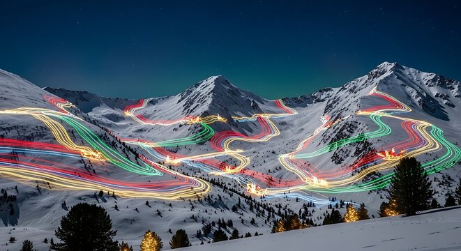 Spectacular view of illuminated ski slopes winding down snowy mountains under a starry night sky, creating a magical winter wonderland scene