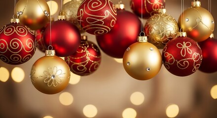 Elegant christmas ornaments in red and gold hanging against a soft, bokeh background, creating a festive and luxurious holiday scene
