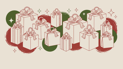 A collection of illustrated gift boxes with ribbons and circular brush strokes in the background