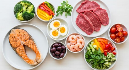 Fresh, healthy ingredients for a balanced keto diet featuring salmon, steak, shrimp, eggs, and vibrant vegetables