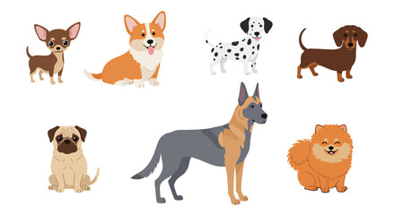 Diverse Collection of Adorable Cartoon Dog Breeds Posed Playfully.