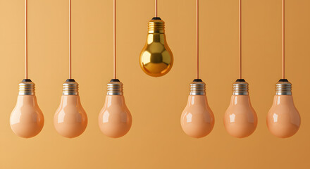 One outstanding golden idea concept with orange bulbs with solid ornage background , Colorful lightbulbs concept 