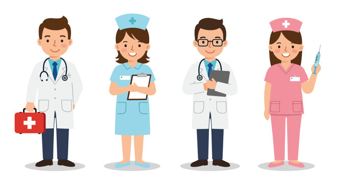 Diverse Group of Cartoon Medical Professionals Posing Together.