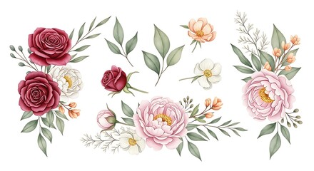 Elegant floral arrangements featuring rich red roses, delicate pink peonies, and white blossoms with lush green leaves