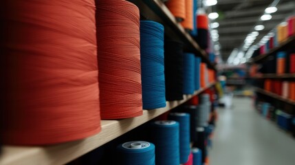 A store shelf with spools of thread in red, blue, and black.