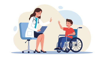 Friendly Doctor and Young Boy in Wheelchair Giving High Fives.