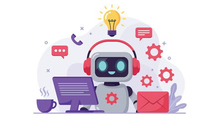 Friendly Robot Assistant with Headphones and Computer.