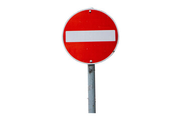Do Not Enter or no entry sign made of symbol red circle shape aluminum, red isolated on cut out PNG or transparent background. Rules for road. Regulatory signs for vehicular traffic sign.