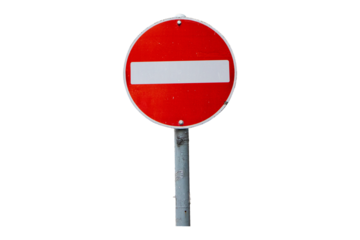 Do Not Enter or no entry sign made of symbol red circle shape aluminum, red isolated on cut out PNG or transparent background. Rules for road. Regulatory signs for vehicular traffic sign.