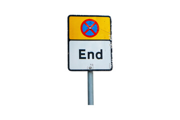 Do Not Enter or no entry Blue and red cross aluminum circle sign and letters End isolated on cut out PNG or transparent background. Rules for road users. Regulatory signs for vehicular traffic sign.
