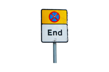 Do Not Enter or no entry Blue and red cross aluminum circle sign and letters End isolated on cut out PNG or transparent background. Rules for road users. Regulatory signs for vehicular traffic sign.