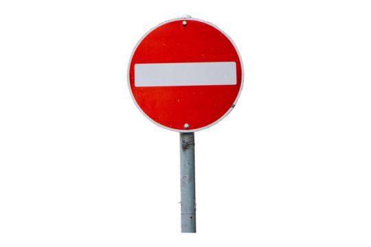 Do Not Enter or no entry sign made of symbol red circle shape aluminum, red isolated on cut out PNG or transparent background. Rules for road. Regulatory signs for vehicular traffic sign.