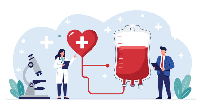 Medical professionals and blood donation equipment symbolizing healthcare and lifesaving. - Powered by Adobe