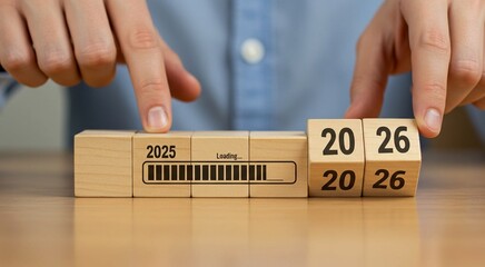In the image, a person's hands are shown adjusting wooden blocks, with the numbers on the blocks indicating the year is changing from 2025 to 2026. A loading bar is visible on one of the blocks, servi