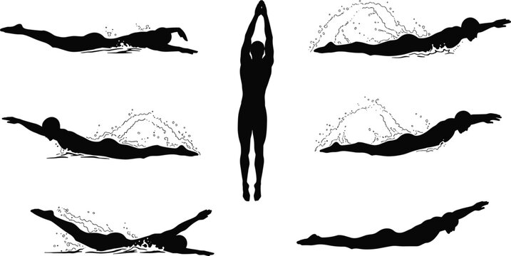 Silhouette of swimmer performing strokes, diving into water, splashing, aquatic training, freestyle, butterfly, competition, professional athlete, endurance, fitness, motion, pool