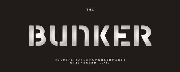 Fototapeta na wymiar Bunker font, futuristic stencil typeface, bold industrial letters for Gaming title, military poster, tech logo, military army cover, UI label, sci-fi branding, trailer. Vector typeset