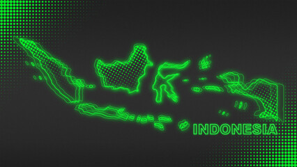 Neon Green Indonesia Map Outline Futuristic Digital Glow Halftone Illustration