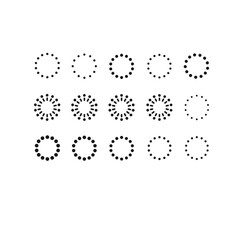 A collection of circular loading indicators with dots arranged in various patterns and sizes.