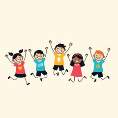 A diverse group of happy children are jumping for joy together.