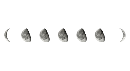Linear sequence of moon phases (waxing crescent to full to waning crescent) against deep black space, showing detailed craters, maria, and mountain ranges. Concept of astronomical beauty
