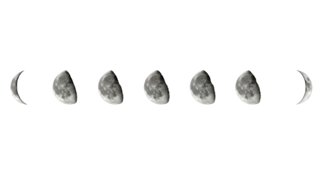Linear sequence of moon phases (waxing crescent to full to waning crescent) against deep black space, showing detailed craters, maria, and mountain ranges. Concept of astronomical beauty
