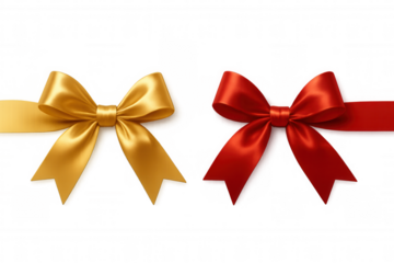 Gold and red satin ribbon bows for elegant gift wrapping, decoration, and celebration design on transparent background