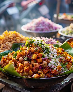 Indian street food chaat with chickpeas and spices served on a banana leaf