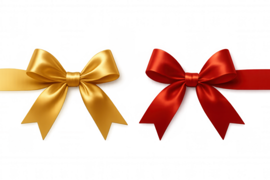 Gold and red satin ribbon bows for elegant gift wrapping, decoration, and celebration design on transparent background