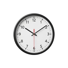 A classic round analog wall clock with a matte black frame, white face, and black hands displaying 8:00, isolated on a bright white background with copy space, concept of time management.