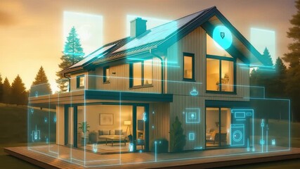 Smart Home with Solar Panels and Blue Holographic Interface at Sunset Forest Background - Powered by Adobe