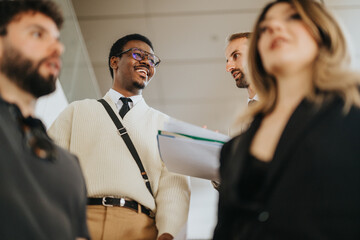 Business professionals collaborate and converse dynamically in a professional environment, showcasing networking and teamwork.