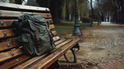 A backpack lying on a park bench. Tourism, active lifestyle.