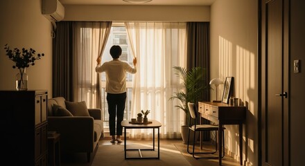 Person enjoying morning light by opening curtains in cozy living room  