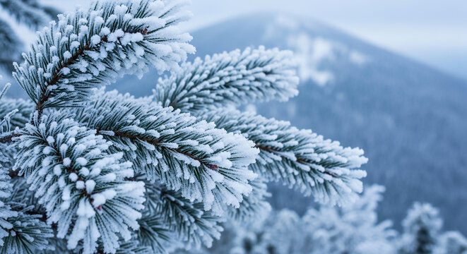 Close up of frosted pine needles with a blurred mountain range in the background on a cold winter day - Powered by Adobe