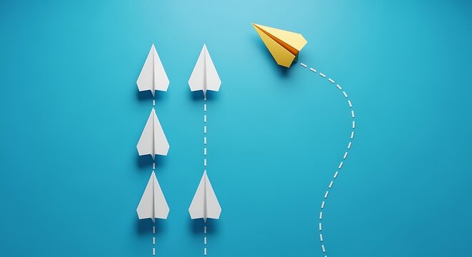 Creative yellow paper plane breaking from the norm, representing different thinking