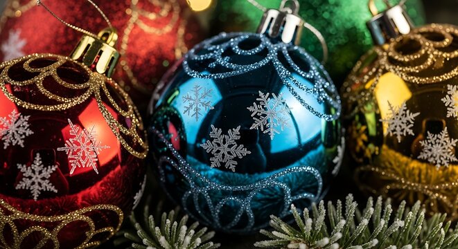 Closeup of christmas ornaments with intricate snowflake designs, showcasing the festive details and vibrant colors of the holiday season decorations - Powered by Adobe