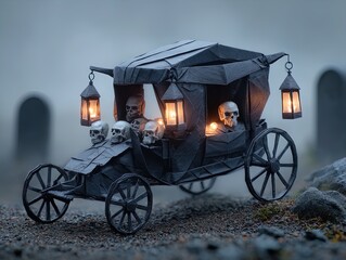 Fototapeta premium spooky elegance: a hyper-detailed origami hearse carriage in black paper, adorned with tiny skulls and glowing lanterns - perfect for halloween decor or as a cinematic poster!